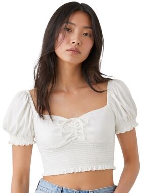 Aritzia Sunday Best Smocked Puff Sleeve Milkmaid Top Women Large White Cropped